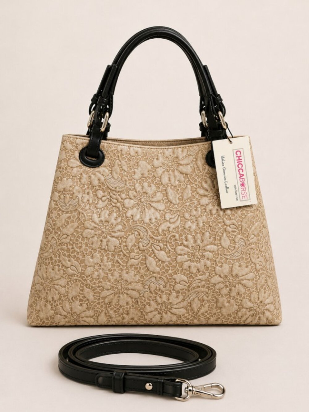 Vittoria Gotti Chicca Borse Italian Leather Floral Embossed Satchel Tote NWT